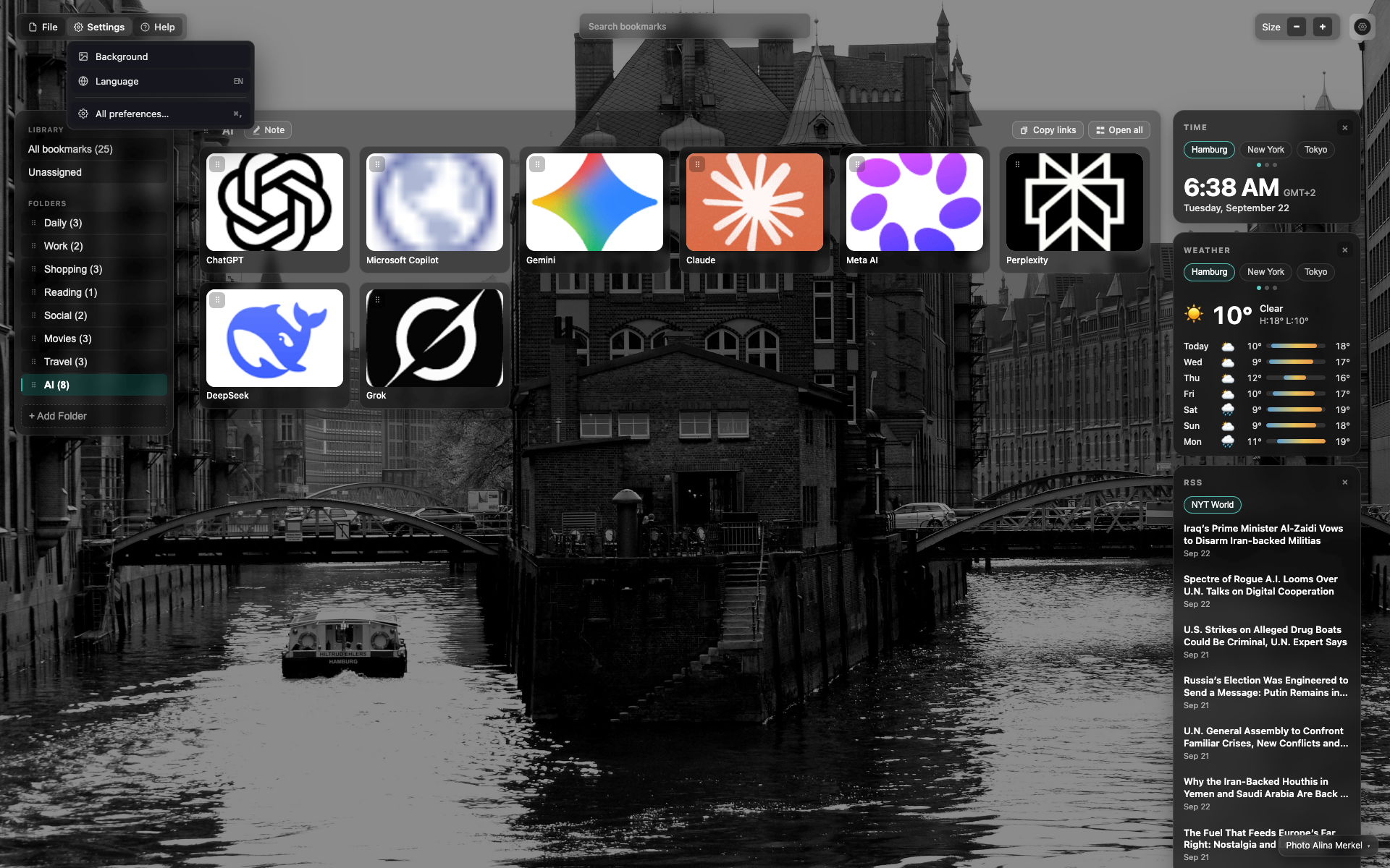 The open "Settings" menu